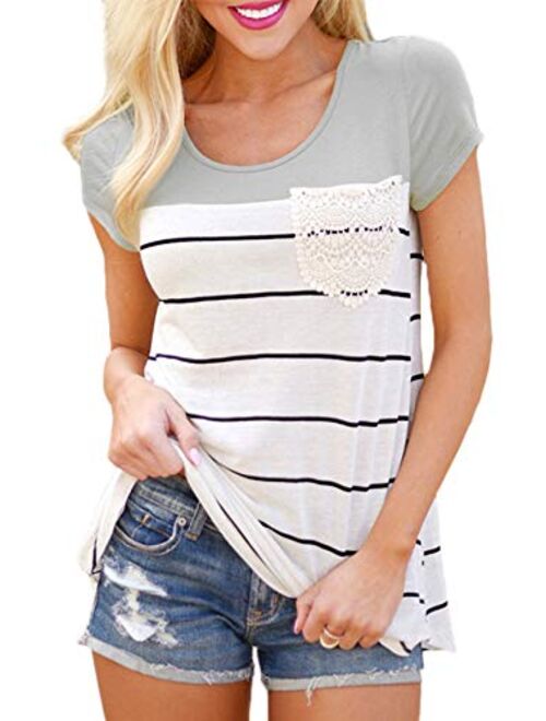 Hiistandd Womens Summer Short Sleeve Shirt Striped Color Block Casual Tops with Pocket