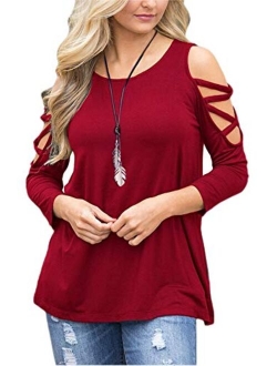 LUOUSE Women's Hollowed Out Shoulder 3/4 Long Sleeve Casual Tunic Blouse Loose T-Shirts Tops