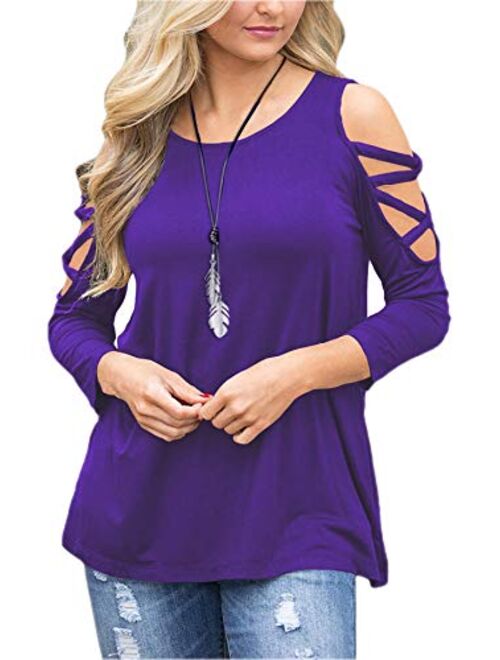 LUOUSE Women's Hollowed Out Shoulder 3/4 Long Sleeve Casual Tunic Blouse Loose T-Shirts Tops