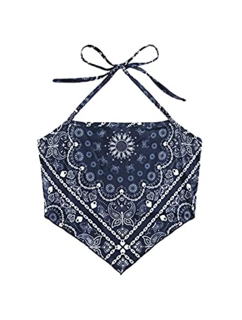 SweatyRocks Women's Vintage Print Halter Neck Crop Top