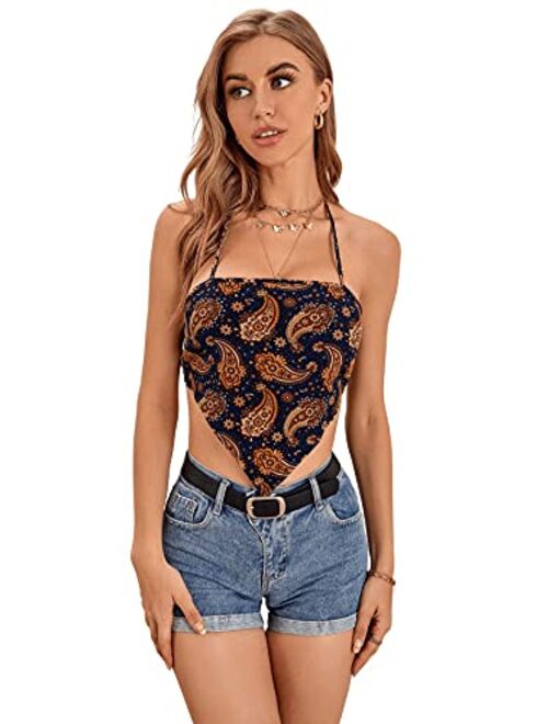 SweatyRocks Women's Vintage Print Halter Neck Crop Top