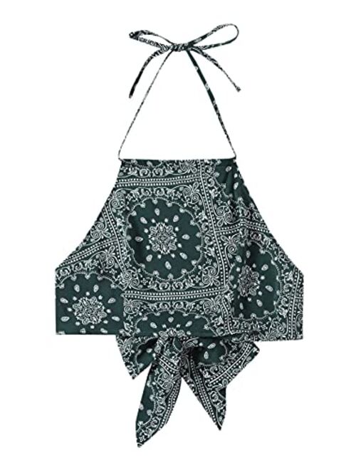 SweatyRocks Women's Vintage Print Halter Neck Crop Top