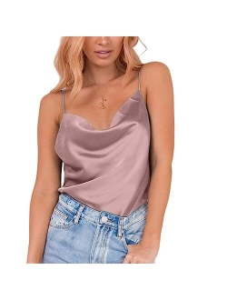 Miessial Women's Spaghetti Straps V Neck Satin Camisole Sleeveless Soft Tank Tops