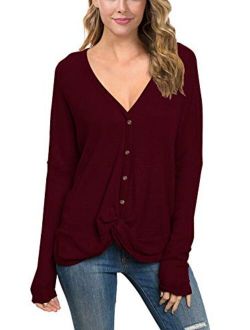 IWOLLENCE Womens Waffle Knit Loose Tunic Blouse Casual Twist Knot Tops Long Sleeve Henley Bat Wing Shirts