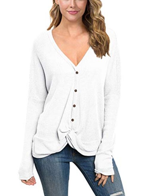 IWOLLENCE Womens Waffle Knit Loose Tunic Blouse Casual Twist Knot Tops Long Sleeve Henley Bat Wing Shirts