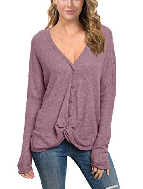 IWOLLENCE Womens Waffle Knit Loose Tunic Blouse Casual Twist Knot Tops Long Sleeve Henley Bat Wing Shirts