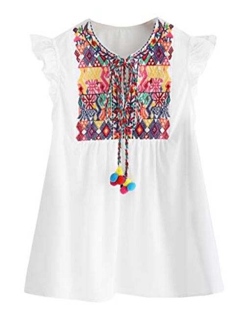 Floerns Women's Ruffle Striped Mexican Embroidered Babydoll Blouse Top