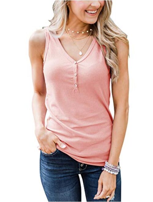 Minthunter Women's Casual Summer V Neck Tank Tops Sleeveless Button Down Shirts