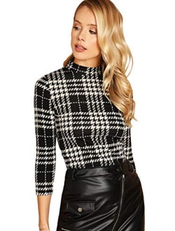 Women's Casual Mock Neck Plaid Slim Fit Workwear Blouse Top