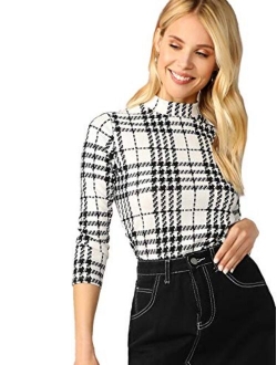 Women's Casual Mock Neck Plaid Slim Fit Workwear Blouse Top