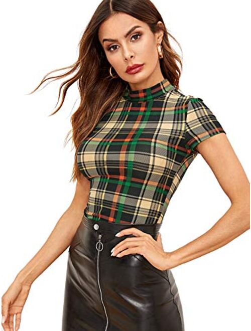 Romwe Women's Casual Mock Neck Plaid Slim Fit Workwear Blouse Top