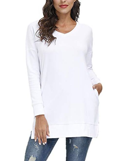 Yidarton Womens Long Sleeve Tops V Neck Solid Color Causal T Shirts Tunic Blouse