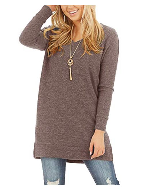 Yidarton Womens Long Sleeve Tops V Neck Solid Color Causal T Shirts Tunic Blouse