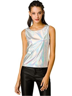 Women's U Neck Stretchy Slim Fit Shiny Sparkly Metallic Tank Top