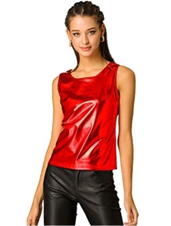 Women's U Neck Stretchy Slim Fit Shiny Sparkly Metallic Tank Top