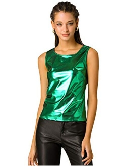 Women's U Neck Stretchy Slim Fit Shiny Sparkly Metallic Tank Top