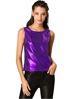 Women's U Neck Stretchy Slim Fit Shiny Sparkly Metallic Tank Top