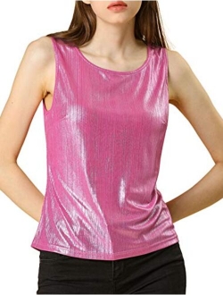 Women's U Neck Stretchy Slim Fit Shiny Sparkly Metallic Tank Top