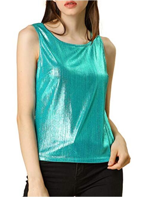 Allegra K Women's U Neck Stretchy Slim Fit Shiny Sparkly Metallic Tank Top