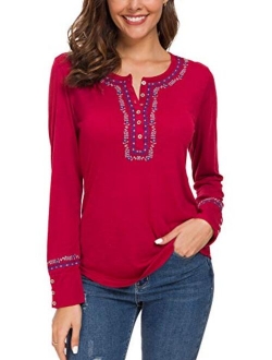 Women's Long Sleeve Boho Shirt Embroidered Top