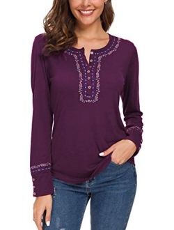 Women's Long Sleeve Boho Shirt Embroidered Top