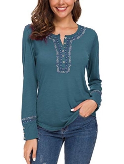 Women's Long Sleeve Boho Shirt Embroidered Top