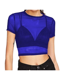 Allchic Womens Short Sleeve Sheer Mesh Tops Sexy See Through Tee Blouse Clubwears