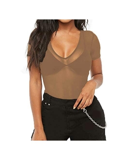 Allchic Womens Short Sleeve Sheer Mesh Tops Sexy See Through Tee Blouse Clubwears