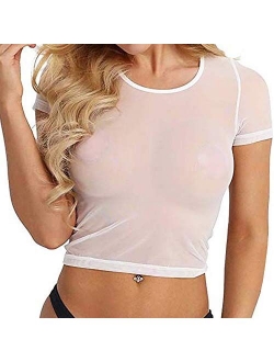 Allchic Womens Short Sleeve Sheer Mesh Tops Sexy See Through Tee Blouse Clubwears