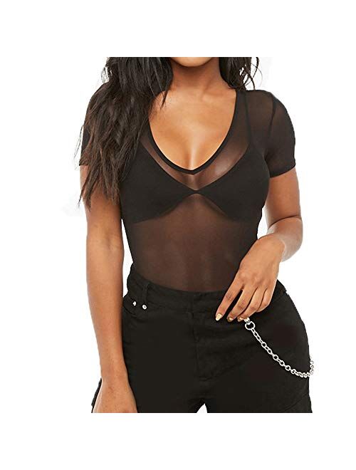 Allchic Womens Short Sleeve Sheer Mesh Tops Sexy See Through Tee Blouse Clubwears