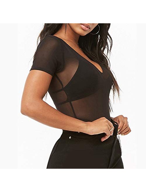 Allchic Womens Short Sleeve Sheer Mesh Tops Sexy See Through Tee Blouse Clubwears