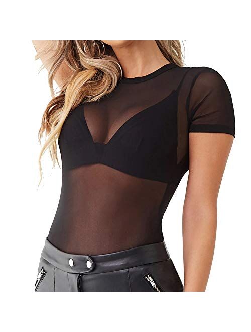 Allchic Womens Short Sleeve Sheer Mesh Tops Sexy See Through Tee Blouse Clubwears