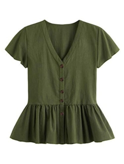 Women's Casual V Neck Single Breasted Ruffle Hem Peplum Blouse Tops