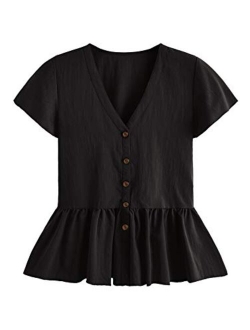 Women's Casual V Neck Single Breasted Ruffle Hem Peplum Blouse Tops