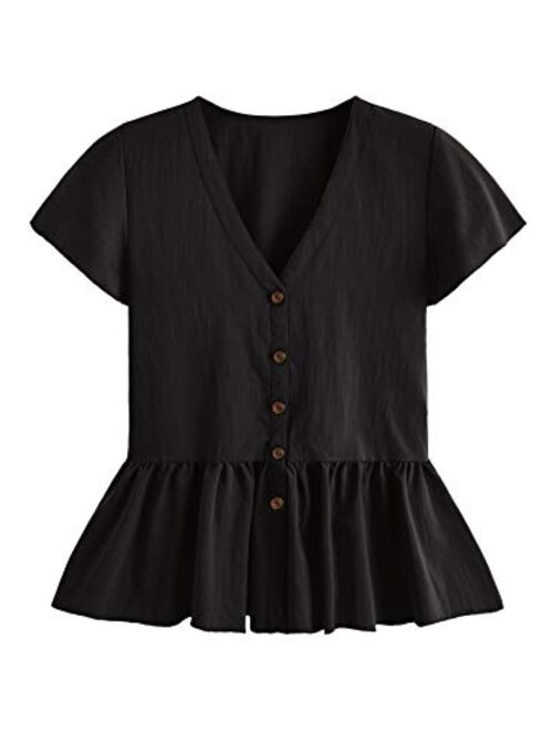 Verdusa Women's Casual V Neck Single Breasted Ruffle Hem Peplum Blouse Tops