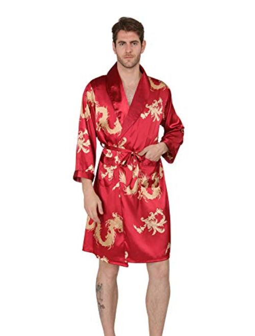 MAGE MALE Men's Summer Luxurious Kimono Soft Satin Robe with Shorts Nightgown Long Sleeve Pajamas Printed Bathrobes