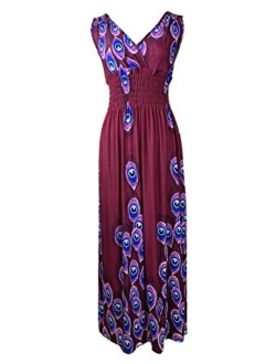 Plum Feathers Exotic Print Smocked Waist Maxi Dress Plus & Regular Sizes