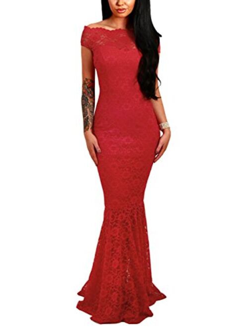 Elapsy Womens Sexy Off Shoulder Bardot Lace Evening Gown Fishtail Maxi Dress