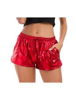 Taydey Women's Yoga Hot Shorts Shiny Metallic Pants with Elastic Drawstring