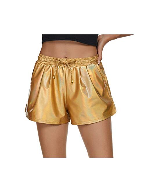 Taydey Women's Yoga Hot Shorts Shiny Metallic Pants with Elastic Drawstring