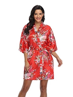 Women's Floral Bride Bridesmaids Robe Satin Wedding Kimono Bridal Dressing Gown Sleepwear