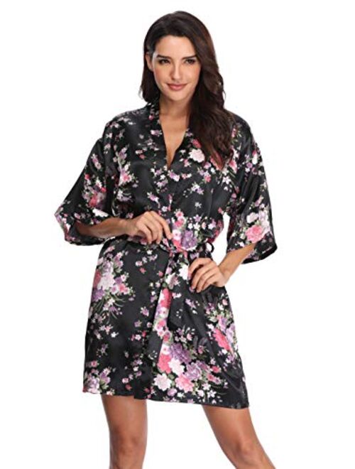 Women's Floral Bride Bridesmaids Robe Satin Wedding Kimono Bridal Dressing Gown Sleepwear