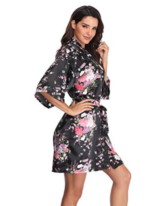 Women's Floral Bride Bridesmaids Robe Satin Wedding Kimono Bridal Dressing Gown Sleepwear