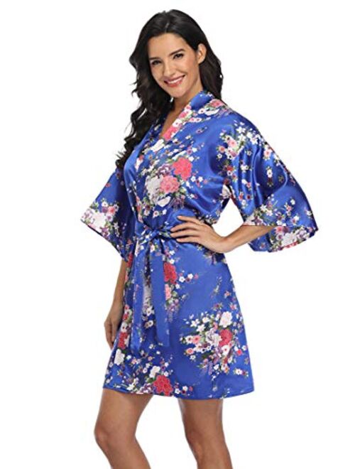 Women's Floral Bride Bridesmaids Robe Satin Wedding Kimono Bridal Dressing Gown Sleepwear