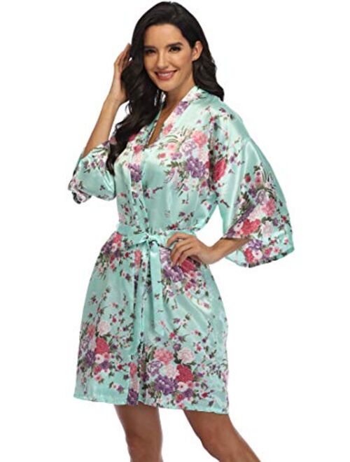 Women's Floral Bride Bridesmaids Robe Satin Wedding Kimono Bridal Dressing Gown Sleepwear