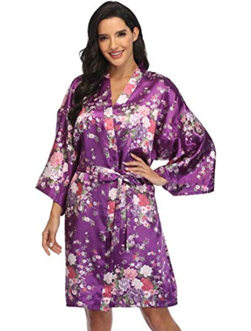 Women's Floral Bride Bridesmaids Robe Satin Wedding Kimono Bridal Dressing Gown Sleepwear