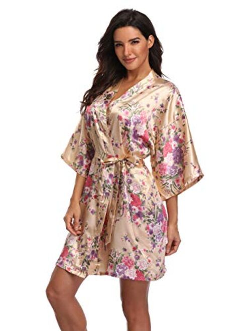 Women's Floral Bride Bridesmaids Robe Satin Wedding Kimono Bridal Dressing Gown Sleepwear