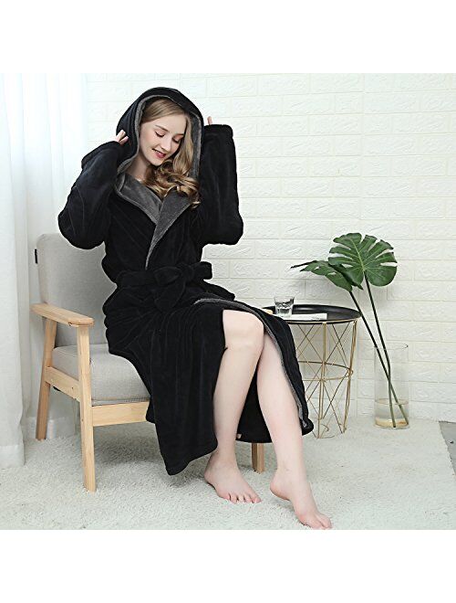 KEMUSI Hooded Herringbone Women's Soft Spa Long Kimono Bathrobe,Comfy Full Length Warm Nightdress