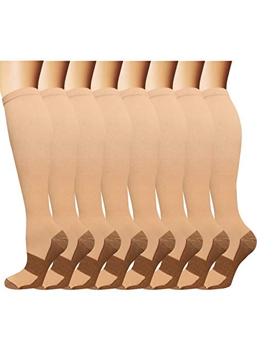 Copper Knee High Compression Socks for Men & Women(8 Pairs)-Best for Running,Athletic and Travel -20-30mmHg