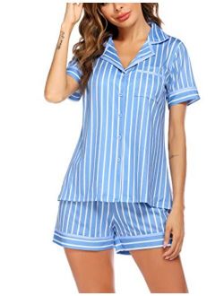 Pajamas Soft Striped Women's Short Sleeve Button Sleepwear Shorts Shirt PJ Set(S-XXL)